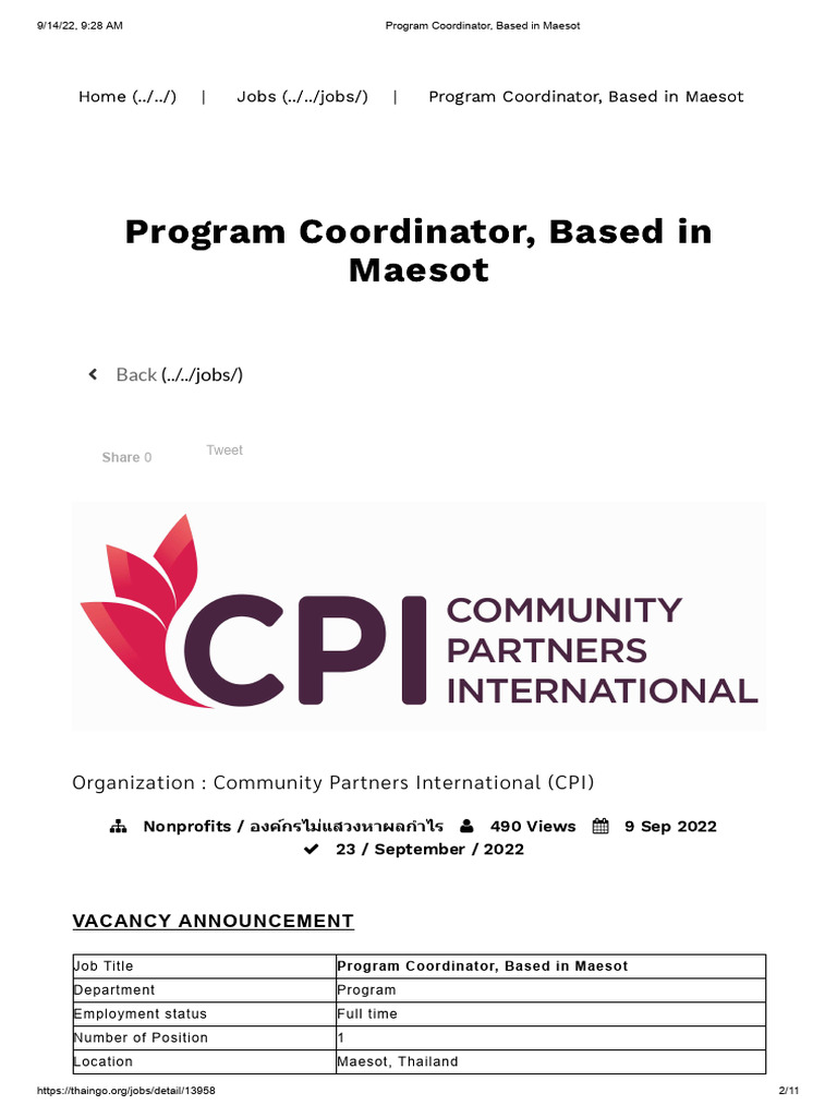 Program Coordinator Job in Maesot | PDF | Capacity Building | Justice