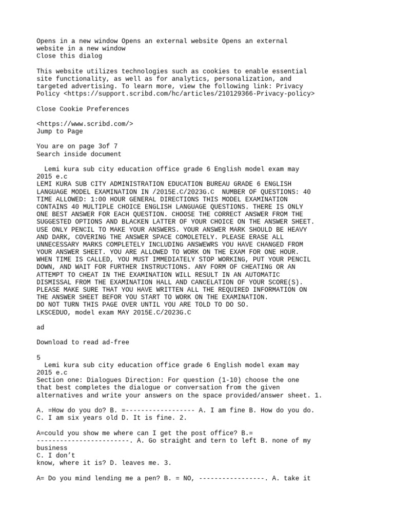 Grade 6 English Model Exam 2015 E.C. | PDF | First Aid | Scribd