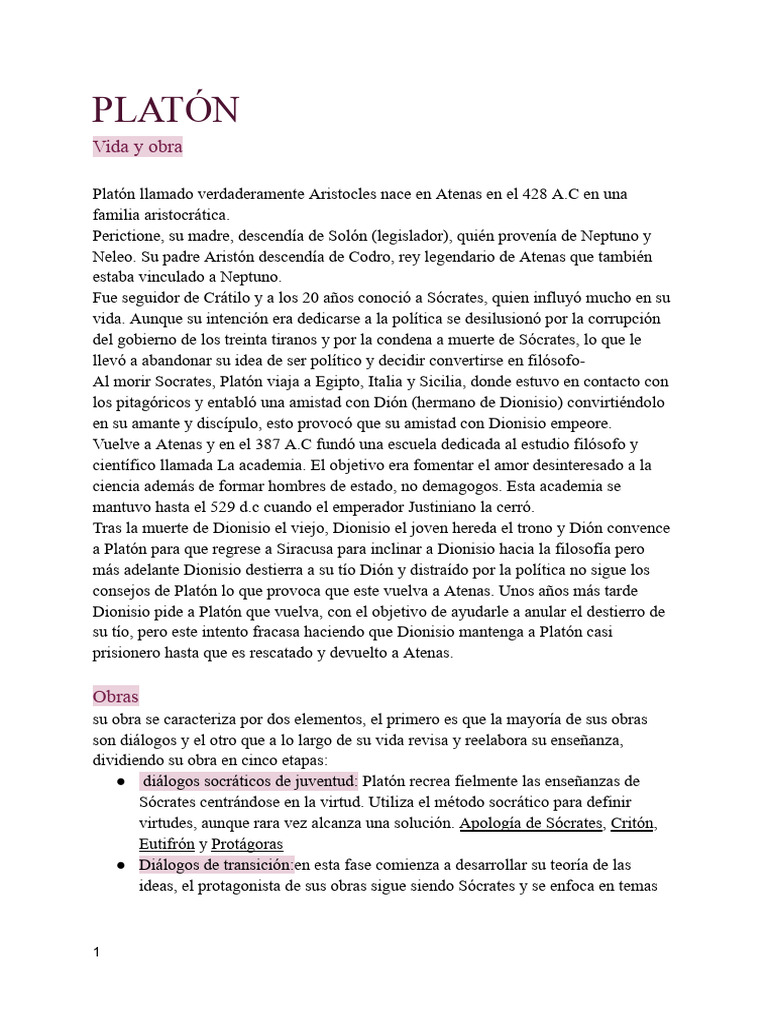 Vida y obra de Platón: filosofía y legado | PDF | Platón | Conocimiento
