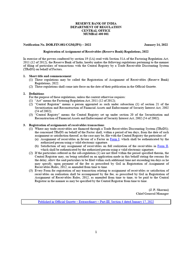 Registration of assignment of receivables reserve bank regulations