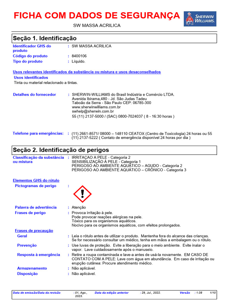 Ficha de Segurança SW Massa Acrílica | PDF | Desperdício | Águas residuais