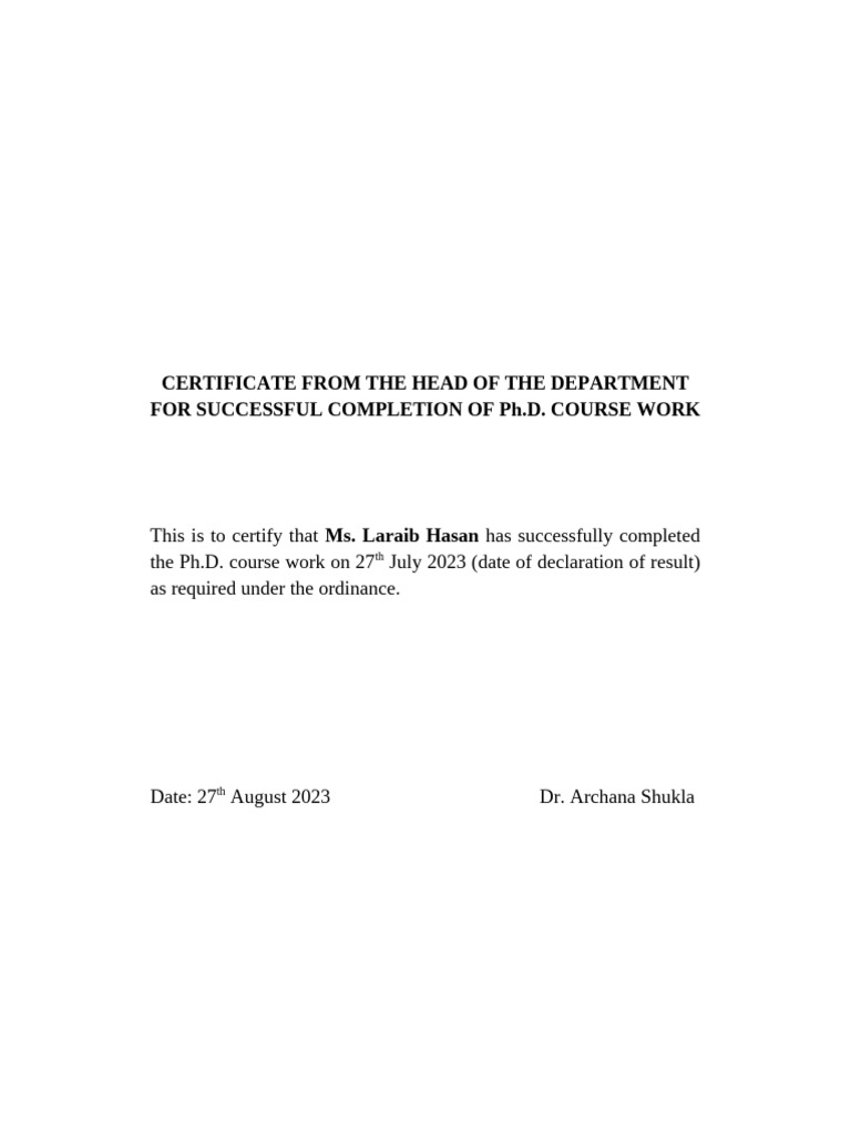 Ph.D. Course Work Completion Certificate | PDF