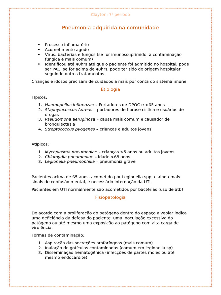 Pneumonia Adquirida na Comunidade: Causas e Tratamento | PDF ...