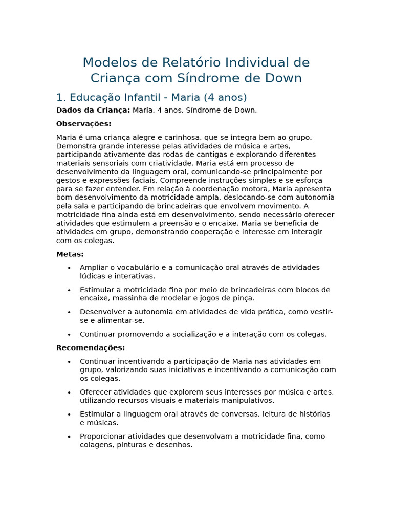 Relatório Individual: Maria, 4 anos | PDF