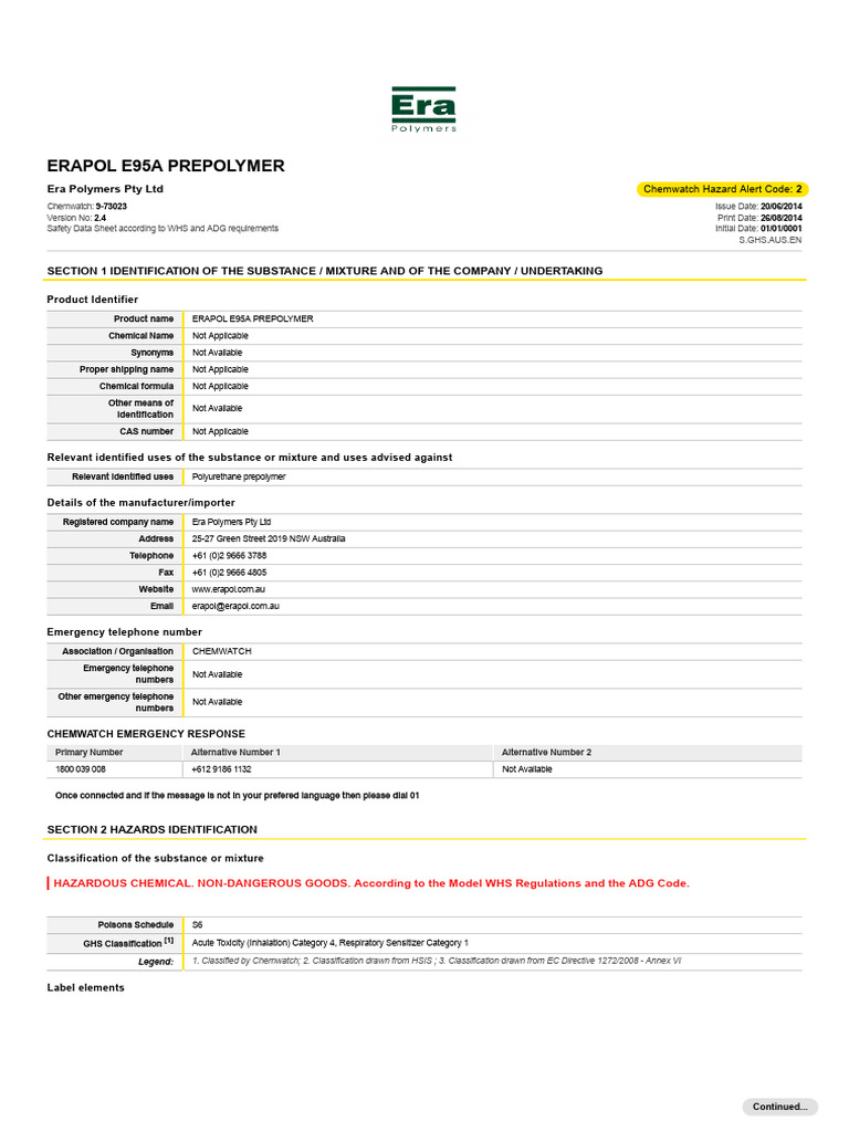 ERAPOL E95A Prepolymer Safety Data Sheet | PDF | Chemical Substances ...