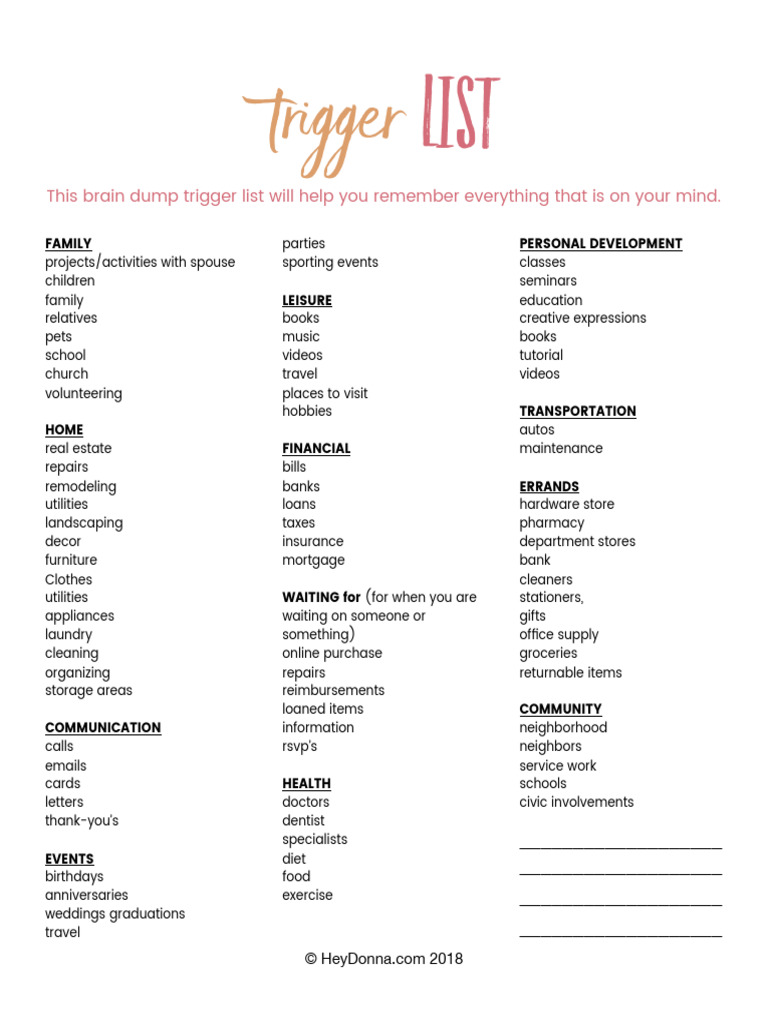 Brain Dump Trigger List Template | PDF
