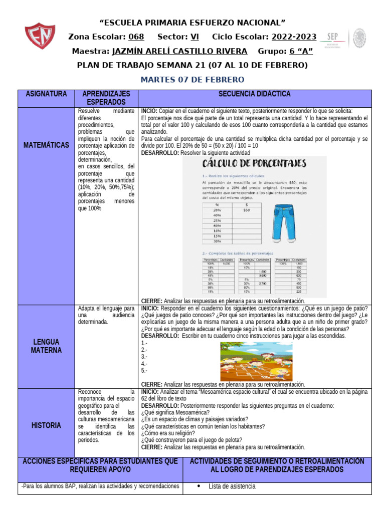 Plan de Trabajo Semana 21 - Primaria | PDF | Porcentaje | Maestros