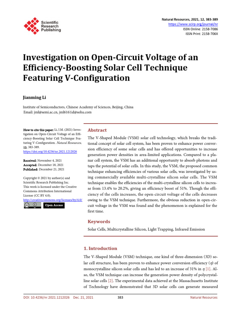 Investigation On Open-Circuit Voltage of An Efficiency-Boosting Solar ...