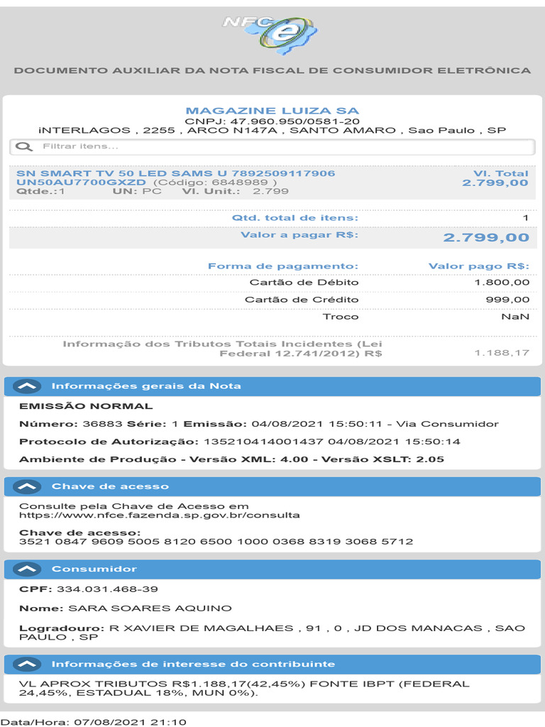 DOCUMENTO AUXILIAR DA NOTA FISCAL DE CONSUMIDOR ELETRÔNICA | PDF