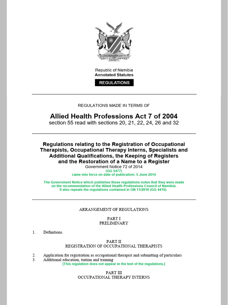 Occupational Therapist Registration Regulations | PDF | Occupational ...