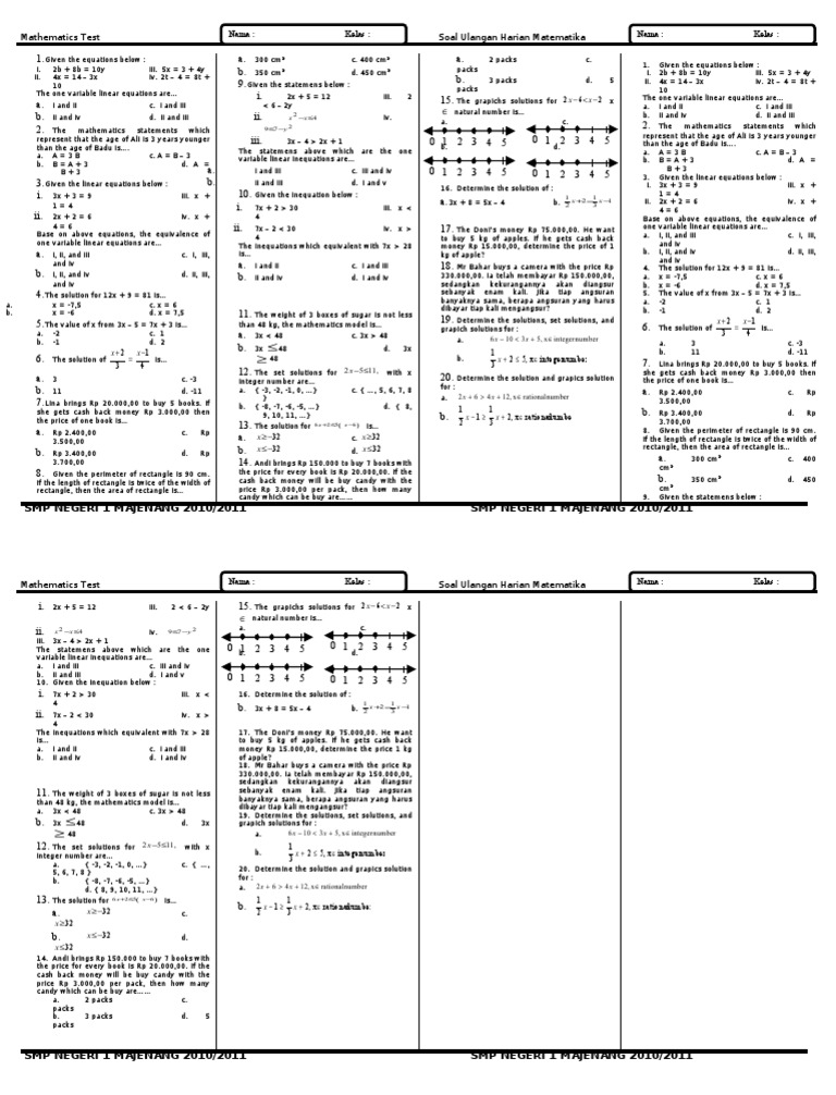 One Variable Linear Equation Test Grade VII PDF System Of Linear Equations Equations