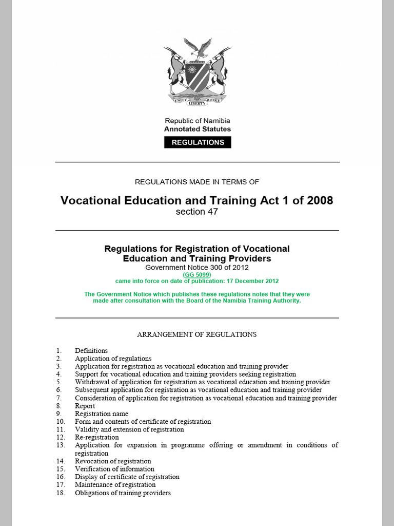 TVET Provider Registration Regulations | PDF | Vocational Education ...