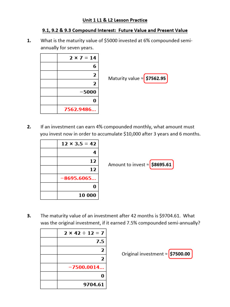 9.1, 9.2, 9.3 - Compound Interest, FV, PV - Practice Solutions | PDF ...