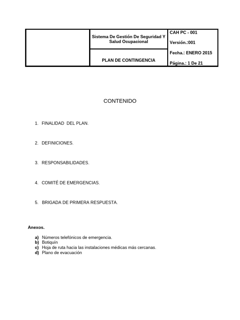 Plan de Contingencia para Emergencias | PDF | Seguridad y salud ...