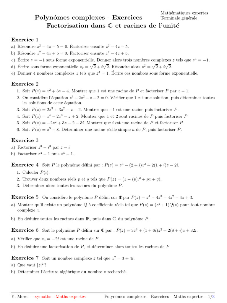 Exercices sur les polynômes complexes | PDF | Nombre complexe | Zéro d ...