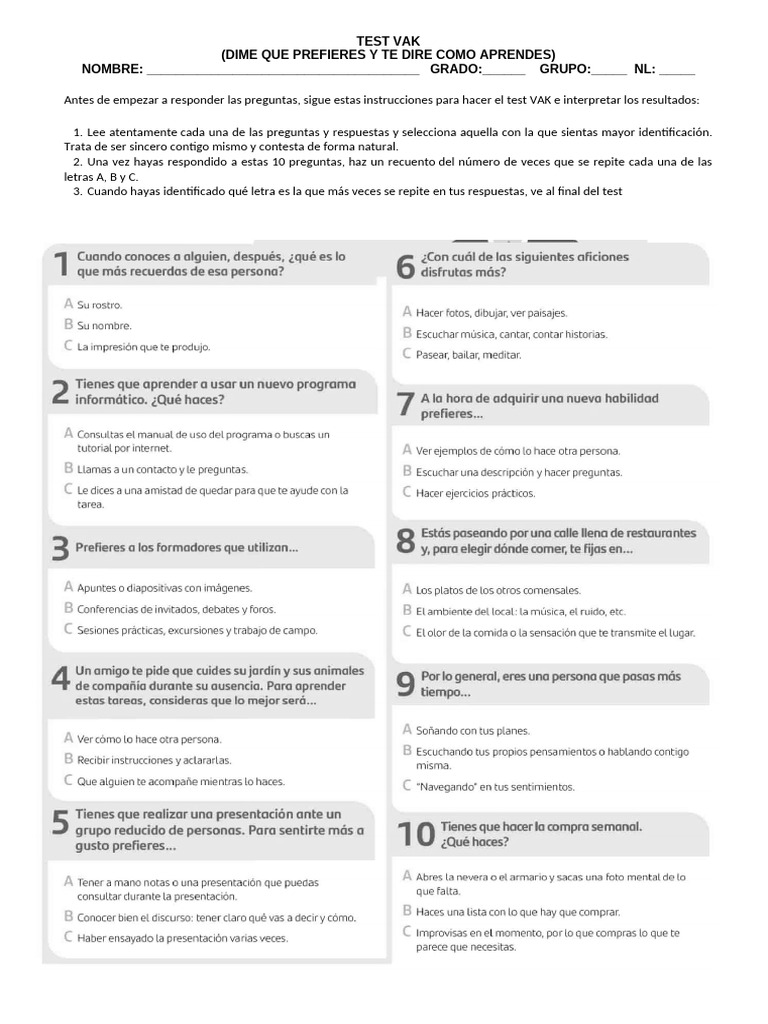 Test VAK: Descubre tu estilo de aprendizaje | PDF | Aprendizaje ...