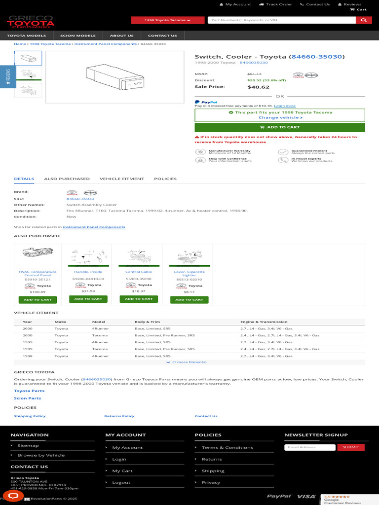 1998-2000 Toyota Switch, Cooler 84660-35030 Grieco Toyota Parts | PDF ...