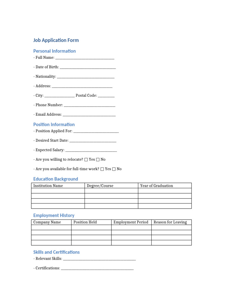 Job Application Form Template | PDF