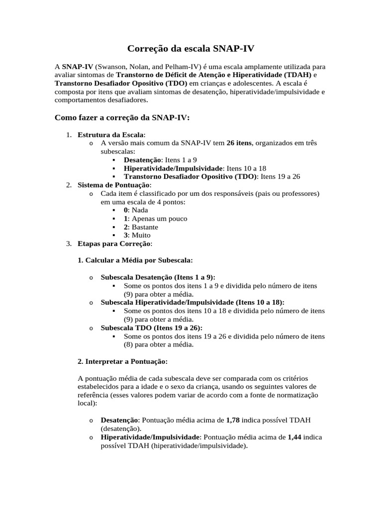 Correção da escala SNAP | PDF | Transtorno de déficit de atenção e ...