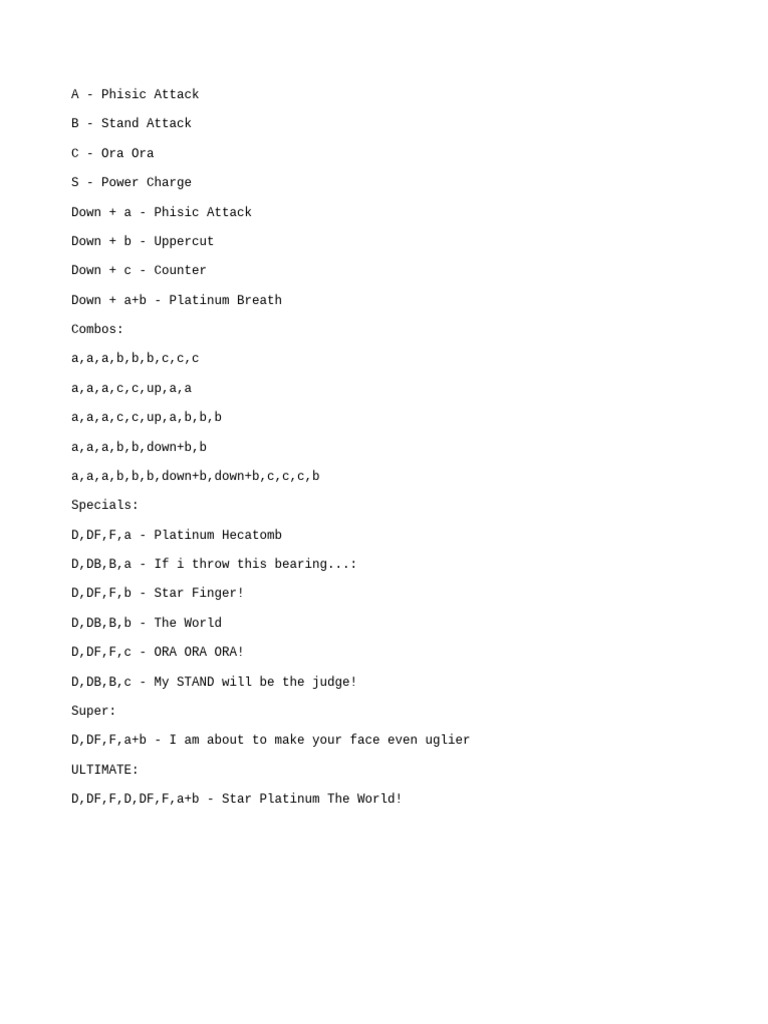 JoJo's Bizarre Adventure Move List | PDF
