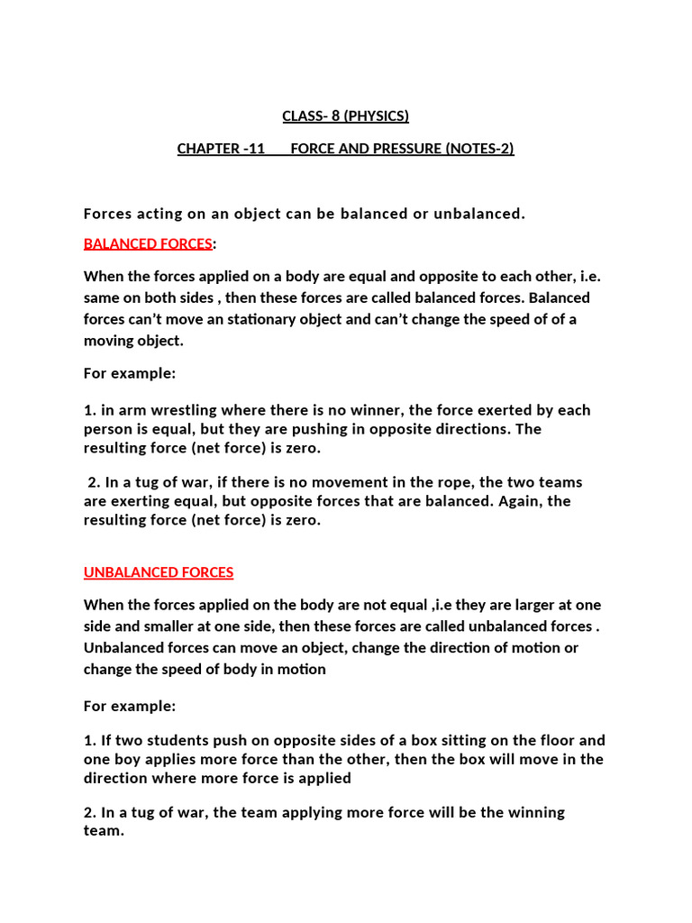 Force and Pressure Concepts for Class 8 | PDF | Force | Pressure