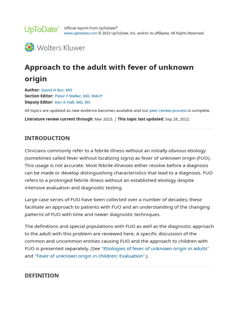 UPTODATE Approach To The Adult With Fever of Unknown Origin | PDF | Ct ...