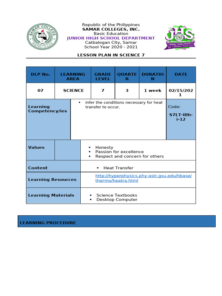 Science 7 Lesson Plan: Heat Transfer | PDF | Temperature | Heat Transfer