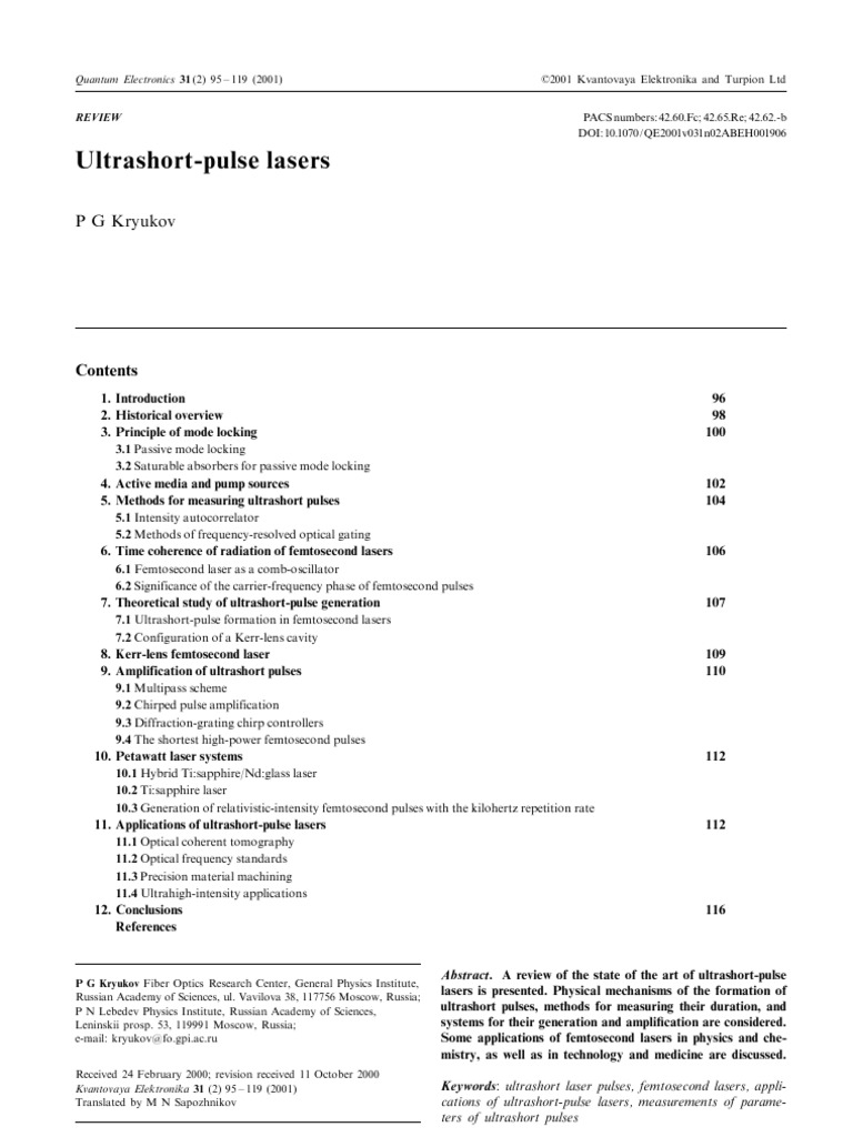 Ultrashort-Pulse Lasers: Overview & Applications | PDF | Ultrashort ...