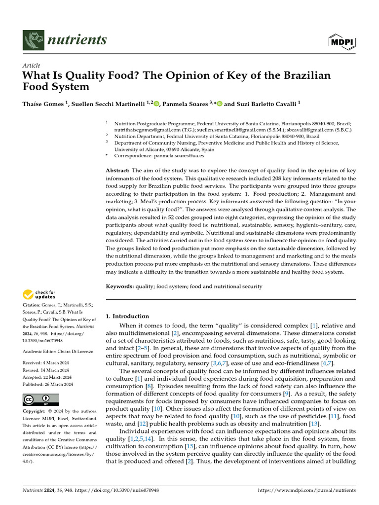 What Is Quality Food The Opinion of Key of The Brazilian Food System ...