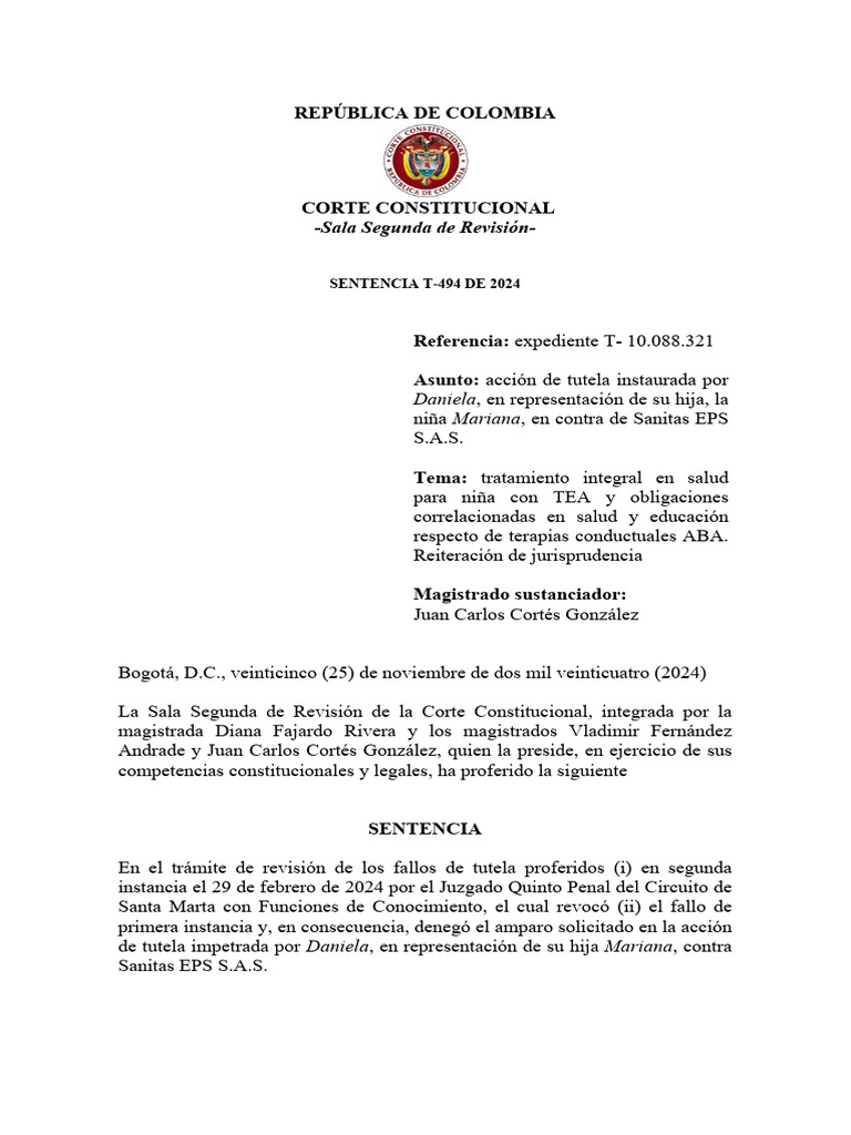 Sentencia T-494 2024 | PDF | Espectro autista
