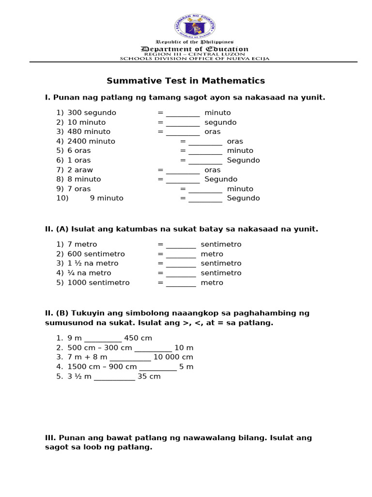 4th Summative Test in Math | PDF