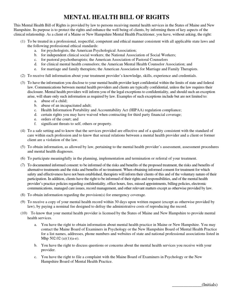Mental Health Bill of Rights Overview | PDF | Confidentiality | Mental ...