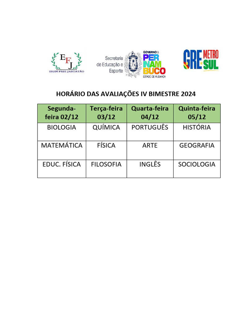 Horário Avaliações IV Bimestre 2024 | PDF