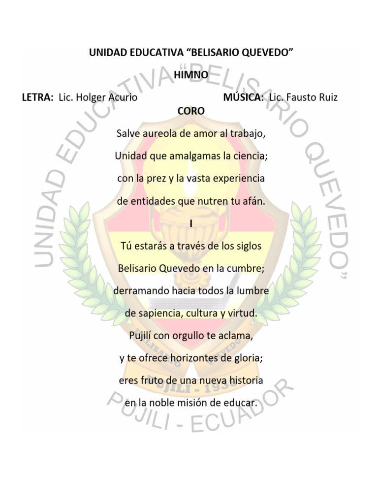 Himno A La Unidad Educativa Belisario Quevedo | PDF - 