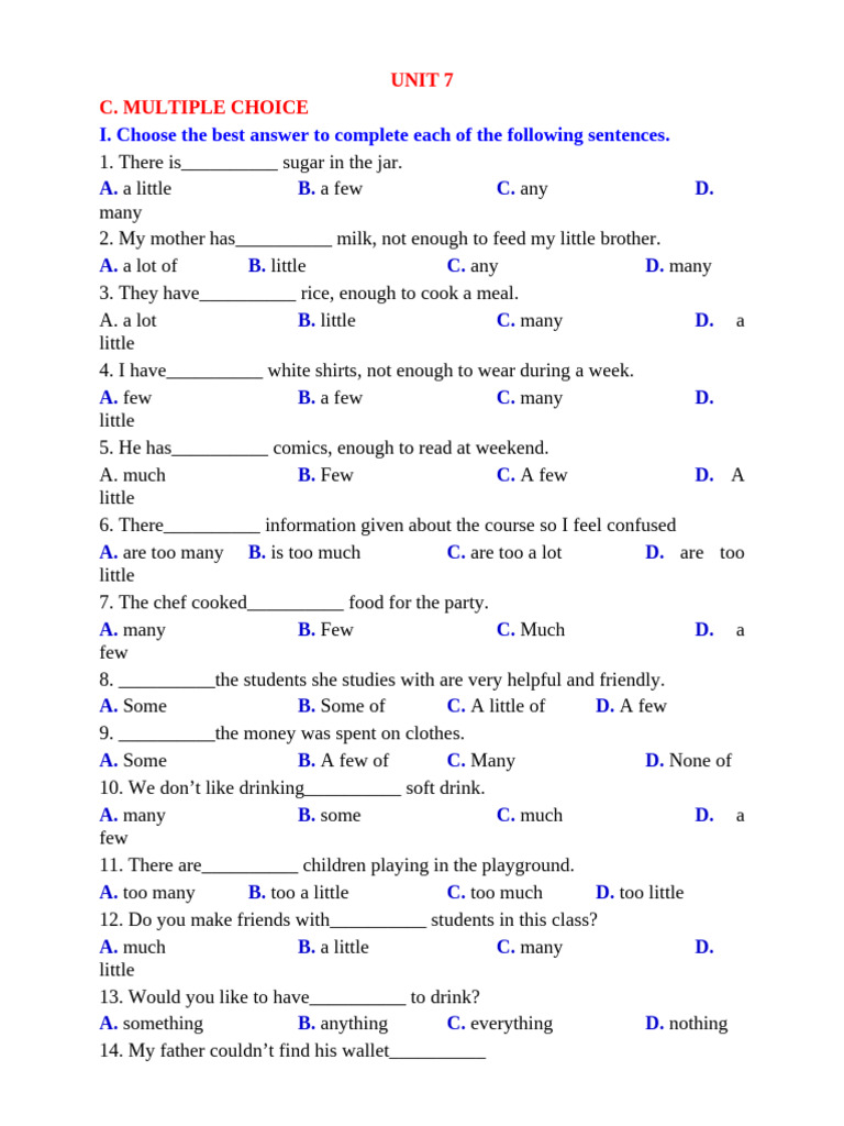 Multiple Choice Grammar Exercises | PDF | Foods | Cuisine