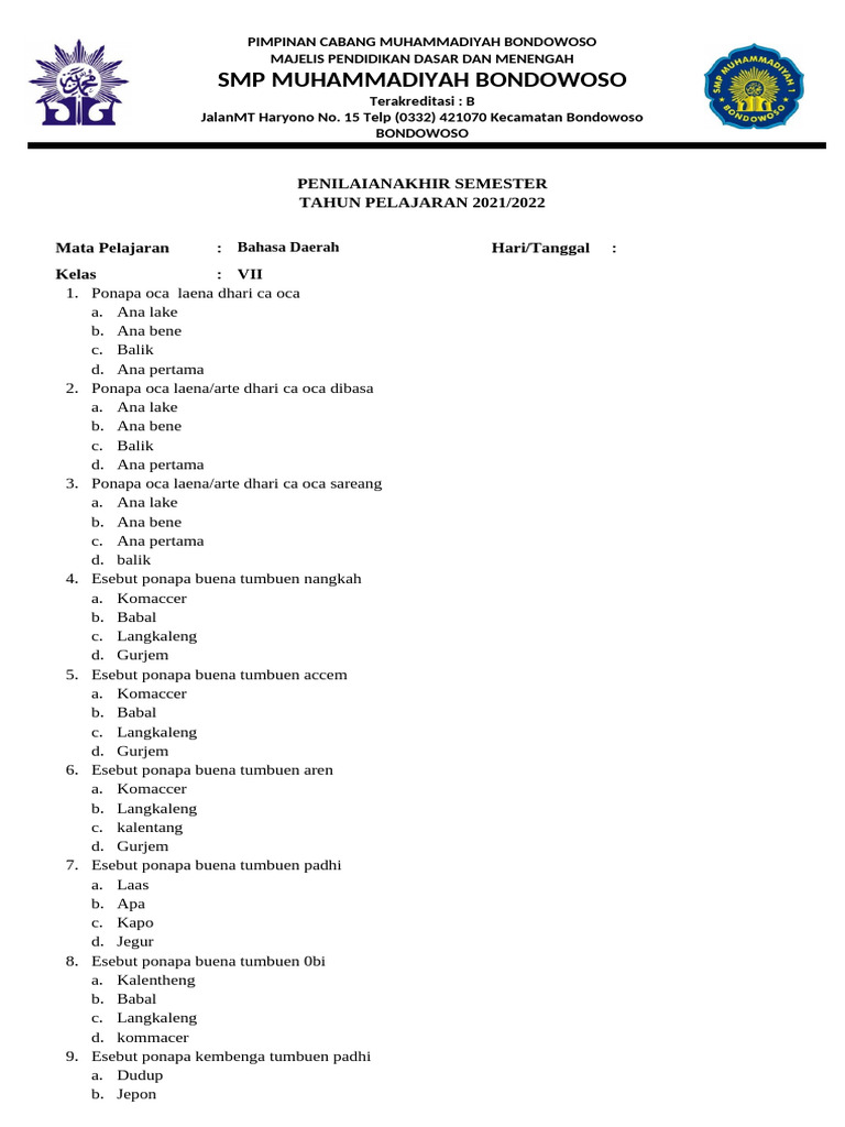 Format Naskah Soal BDR PAS 2021 KLS 7 | PDF