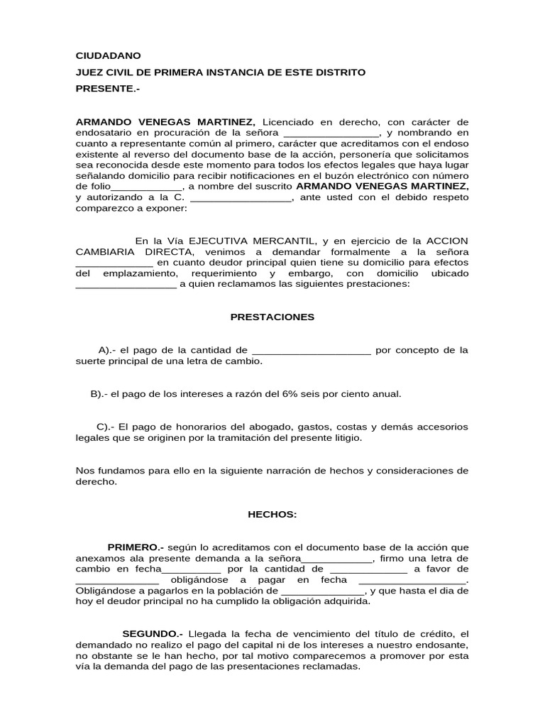 Machote de Demanta Mercantil Letra de Cambio | PDF | Pagaré | Demanda ...