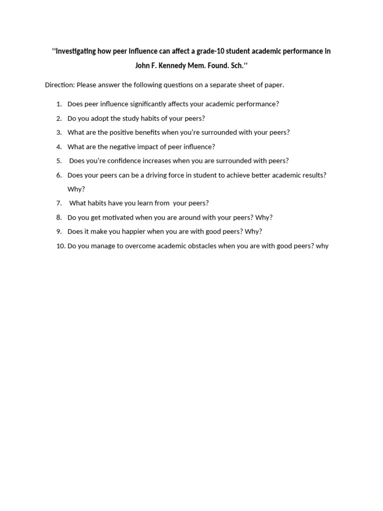 Peer Influence on Grade-10 Academic Performance | PDF