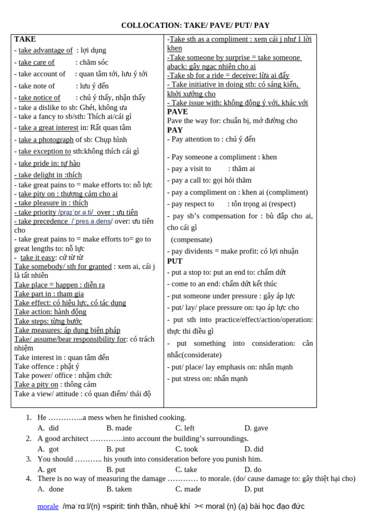 Collocation - Take. Pave - Pay.put | PDF