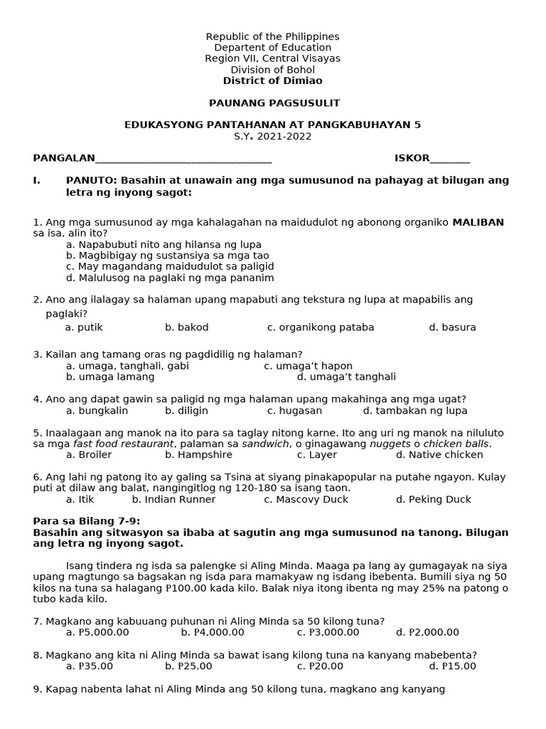 Epp 5 2021-2022 Diagnostic-Test | PDF