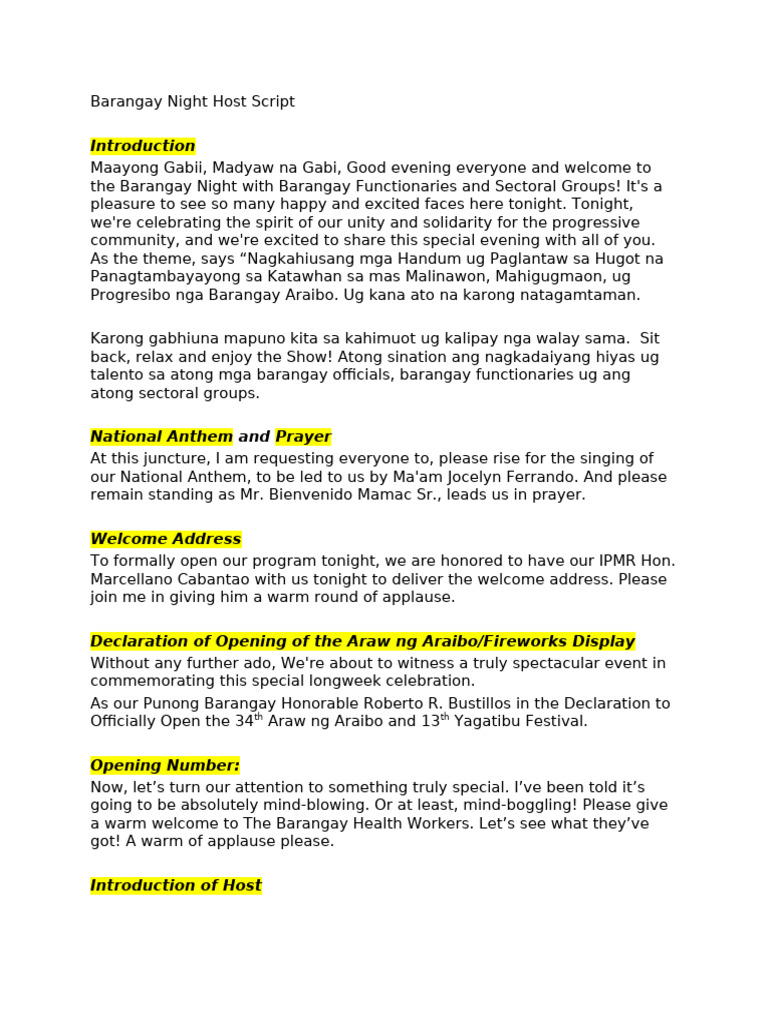 Barangay Night Host Script | PDF
