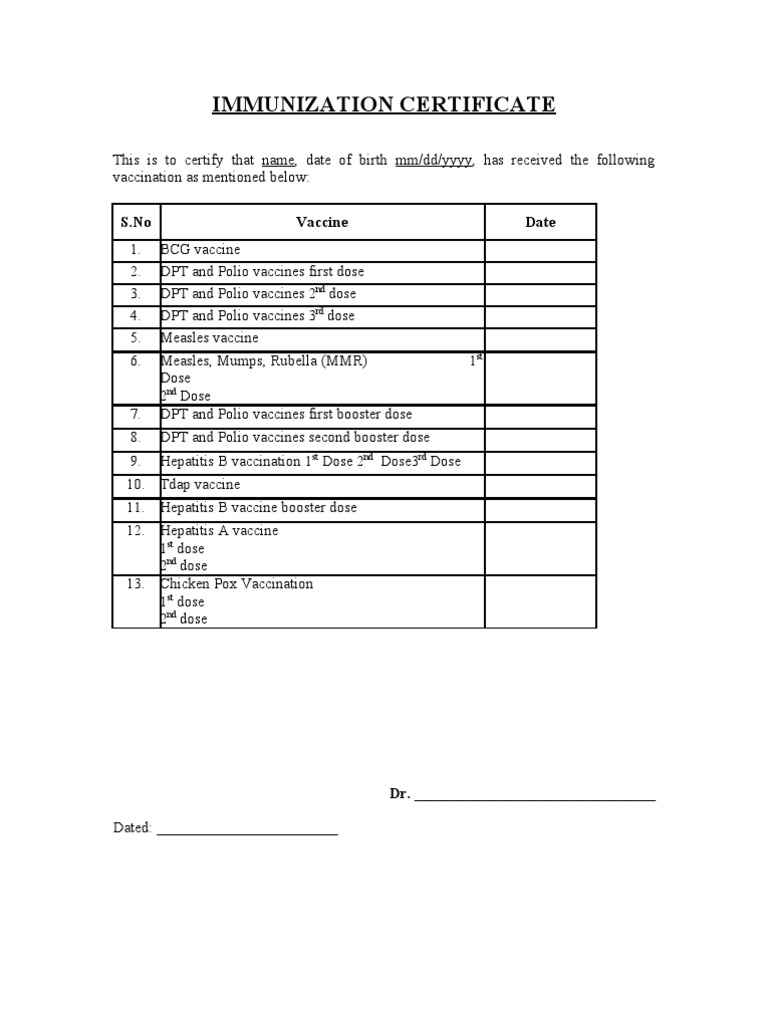 sample immunization certificate