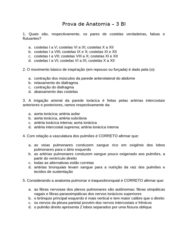 Prova de Anatomia: Questões e Gabarito | PDF | Pulmão | Coração