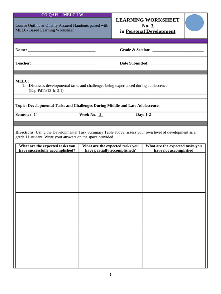 Adolescent Development Worksheet | PDF | Adolescence | Behavioural Sciences