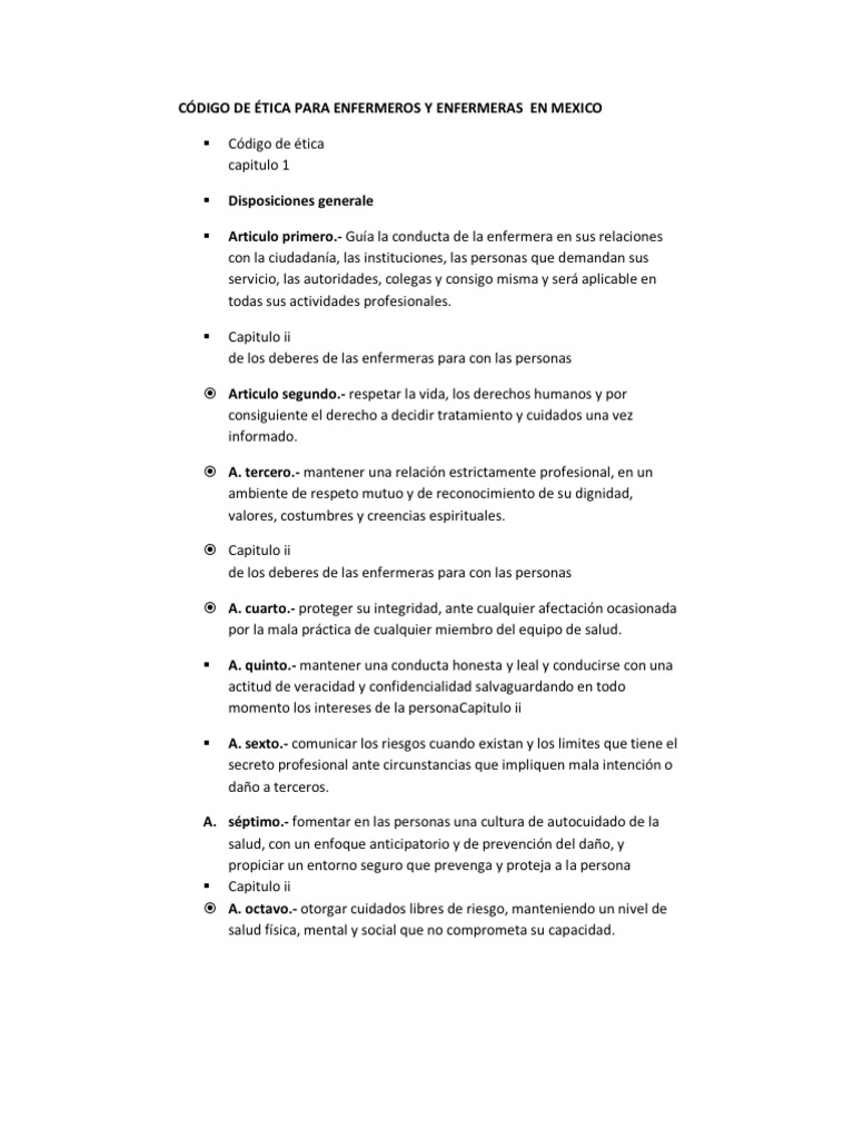 CÓDIGO DE ÉTICA PARA ENFERMEROS Y ENFERMERAS EN MEXICO
