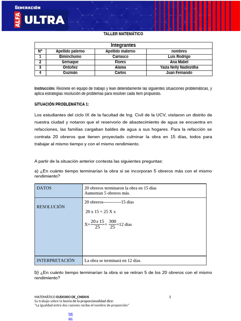 TALLER MATEMÁTICO N° 5 - REGLA DE TRES SIMPLE DIRECTA E INVERSA ...
