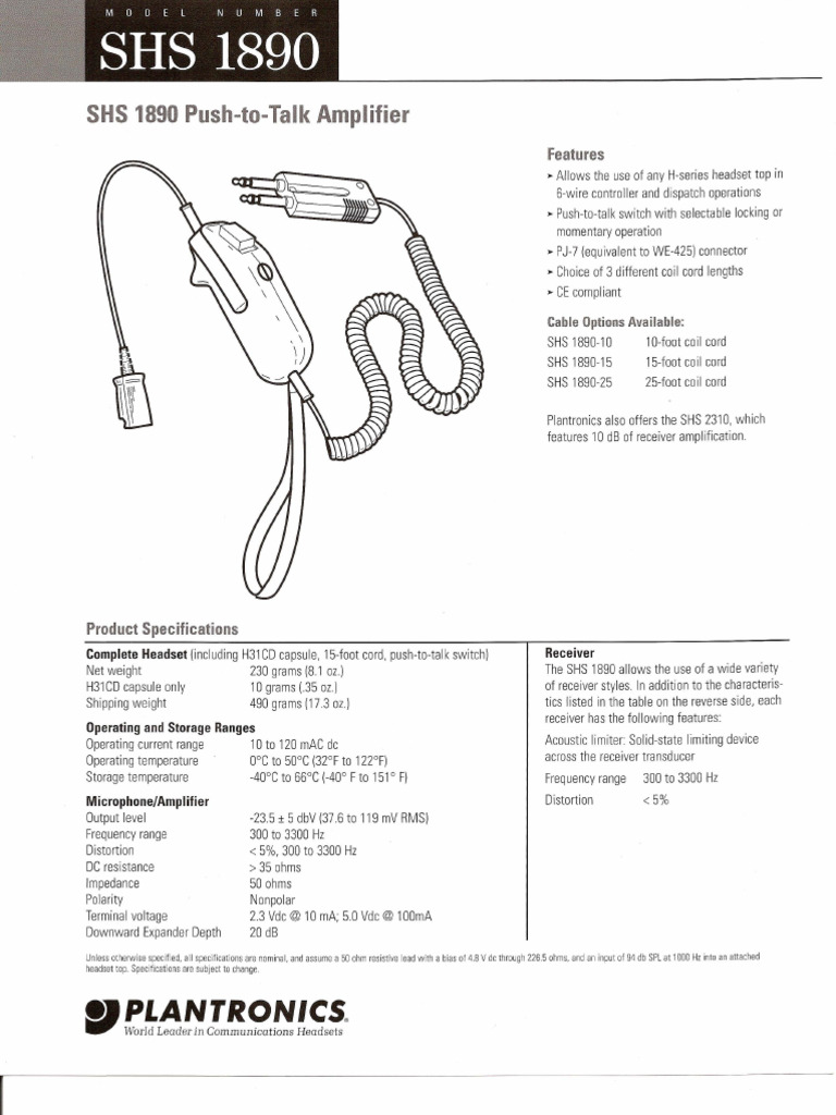 Data Sheet Plantronics SHS1890 10 Push To Talk Amplifier | PDF