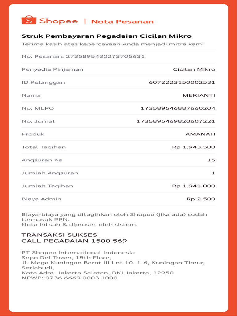 Nota Pesanan Cicilan Mikro Shopee | PDF