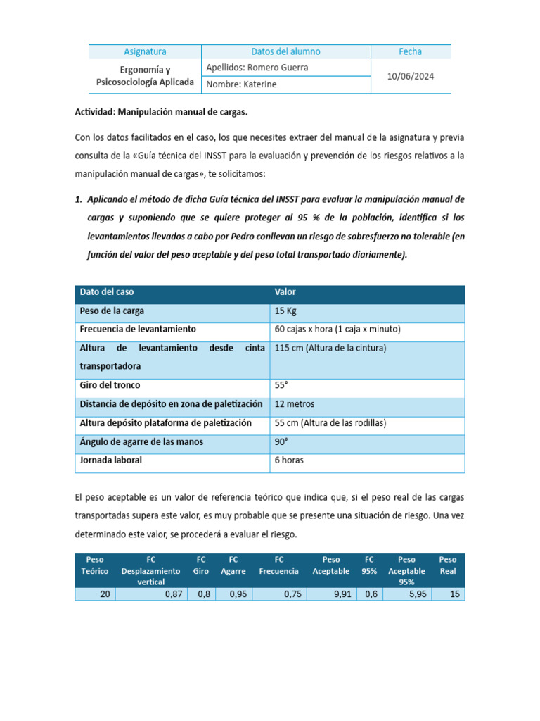Actividad Manipulación Manual de Cargas | PDF | Factores humanos y ...