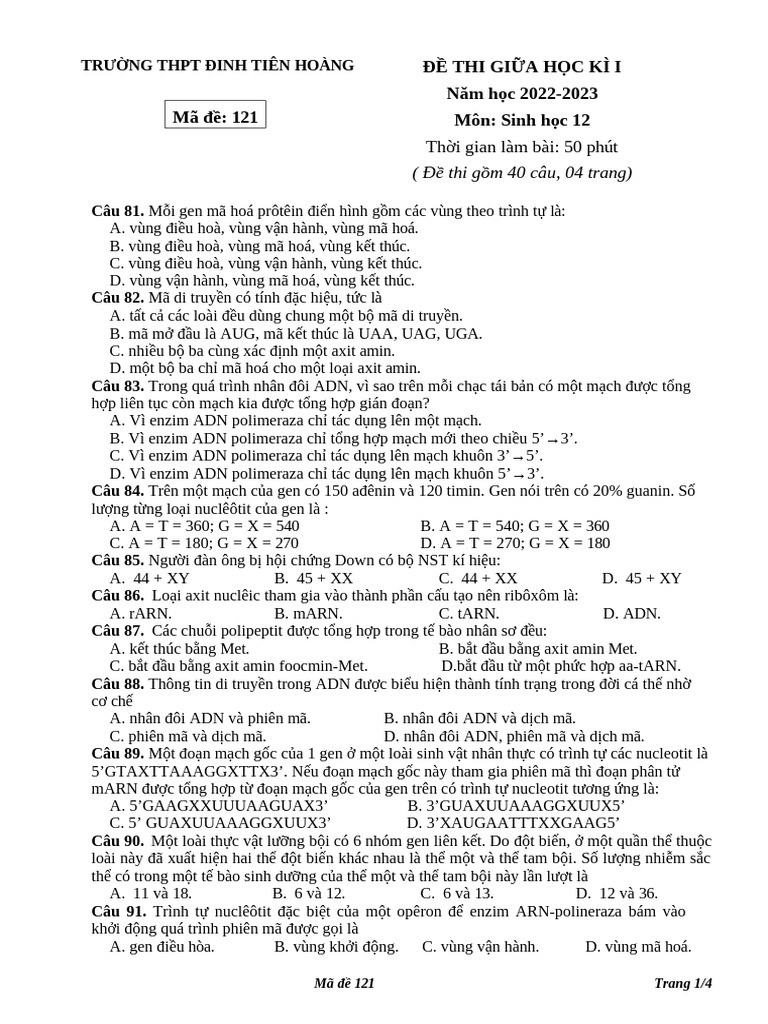 ĐỀ THI GIỮA KÌ 1 SINH 12 - MA 121 | PDF